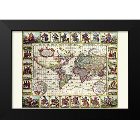 World Map of lands and waterways Black Modern Wood Framed Art Print by Visscher, Nicolas