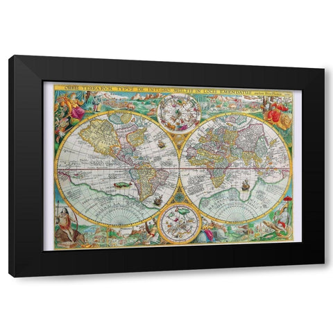 World Map Black Modern Wood Framed Art Print with Double Matting by Plancius, Petrus
