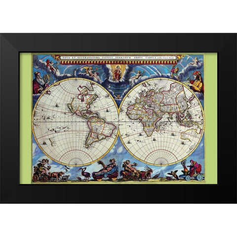Stereographic Map of the World Theatrum Orbis Terrarum Black Modern Wood Framed Art Print by Blaeu, Joan