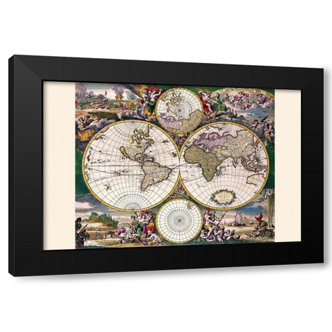 Stereographic Map of the World with Polar projections Black Modern Wood Framed Art Print with Double Matting by Wit, Frederik De