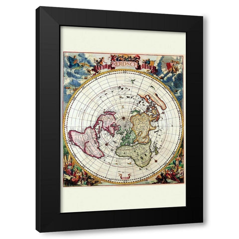 Polar Projection Map of the World Black Modern Wood Framed Art Print with Double Matting by Dankertz, Cornelis