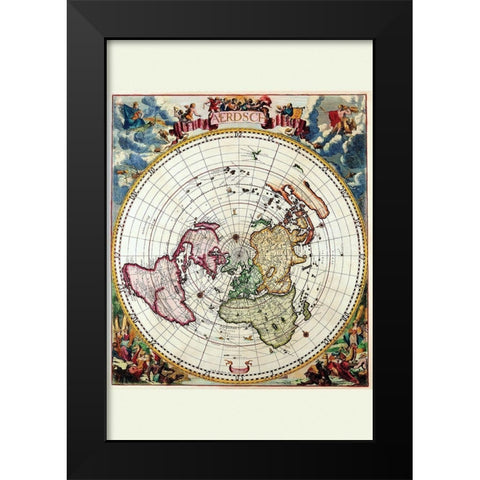 Polar Projection Map of the World Black Modern Wood Framed Art Print by Dankertz, Cornelis