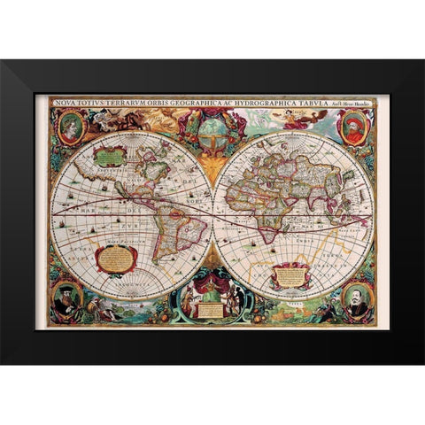 Stereographic Map of the World Black Modern Wood Framed Art Print by Hondius, Jodocus