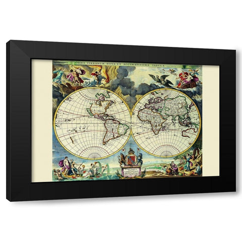 Stereographic Map of the World Black Modern Wood Framed Art Print by Pitt, Moses
