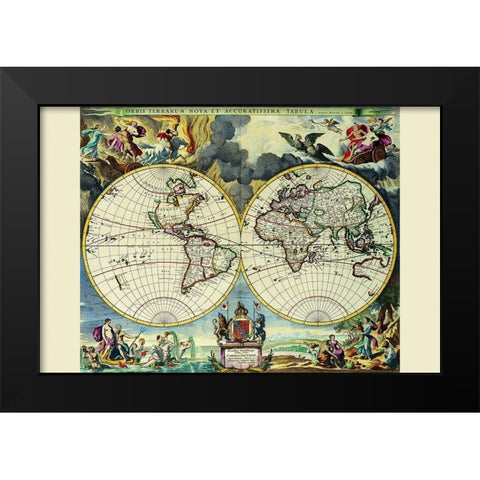 Stereographic Map of the World Black Modern Wood Framed Art Print by Pitt, Moses