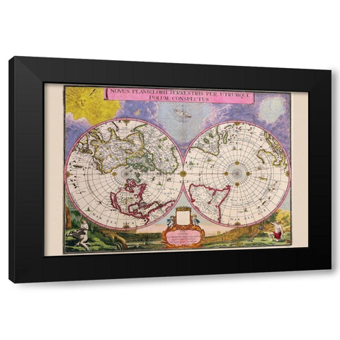Novus Planiglobii Terrestris Per Utrumque Polum Conspectus Stereographic Map of the World Black Modern Wood Framed Art Print by Blaeu, Joan