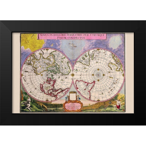 Novus Planiglobii Terrestris Per Utrumque Polum Conspectus Stereographic Map of the World Black Modern Wood Framed Art Print by Blaeu, Joan