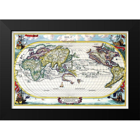 Navigationes Precipae Europorum ad Exteras Nationes Navigational Map of the World Black Modern Wood Framed Art Print by Scherer, Heinrich