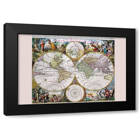 Stereographic Map of the World with Classical Illustration Black Modern Wood Framed Art Print with Double Matting by Valk, Gerard