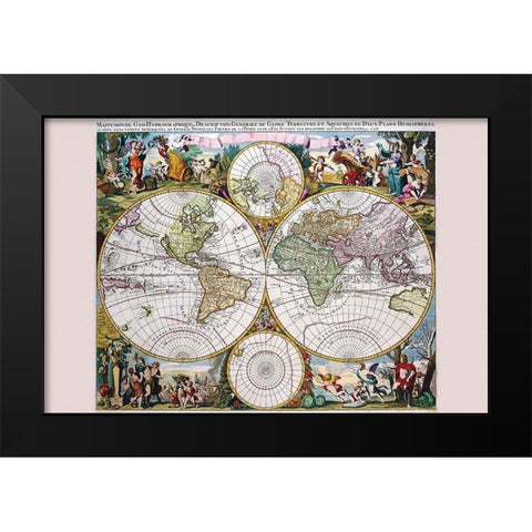 Stereographic Map of the World with Classical Illustration Black Modern Wood Framed Art Print by Valk, Gerard