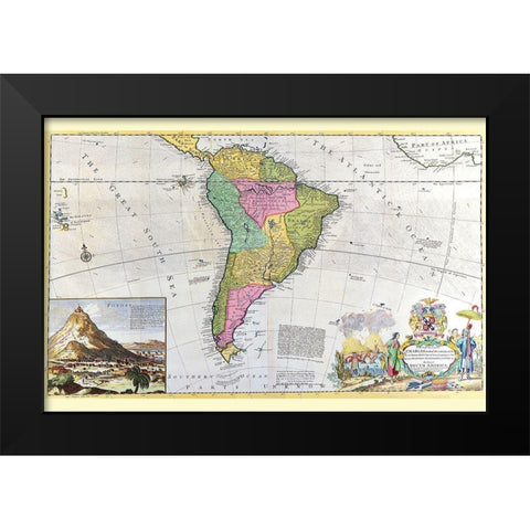 Antique Map of South America Black Modern Wood Framed Art Print by Moll, Hermann