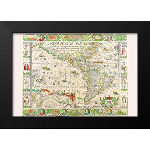 The Americas at the Time of Columbus Printed in 1658 Black Modern Wood Framed Art Print by Visscher, Nicolas