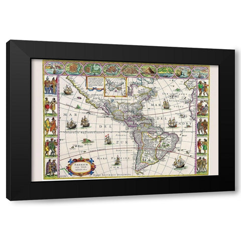New Map of the Americas Black Modern Wood Framed Art Print by Blaeu, Willem