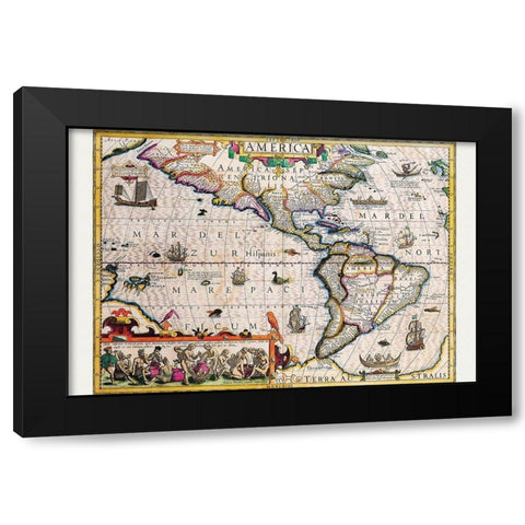 The Americas Black Modern Wood Framed Art Print with Double Matting by Hondius, Jodocus