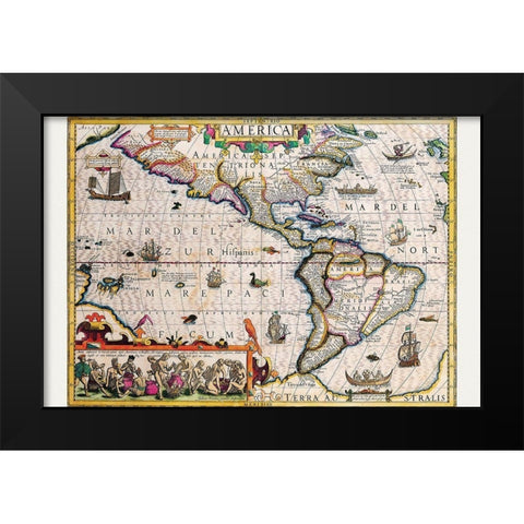 The Americas Black Modern Wood Framed Art Print by Hondius, Jodocus