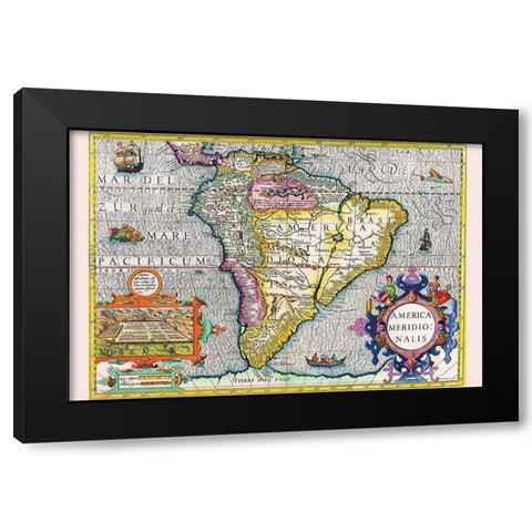 South America Black Modern Wood Framed Art Print with Double Matting by Hondius, Jodocus