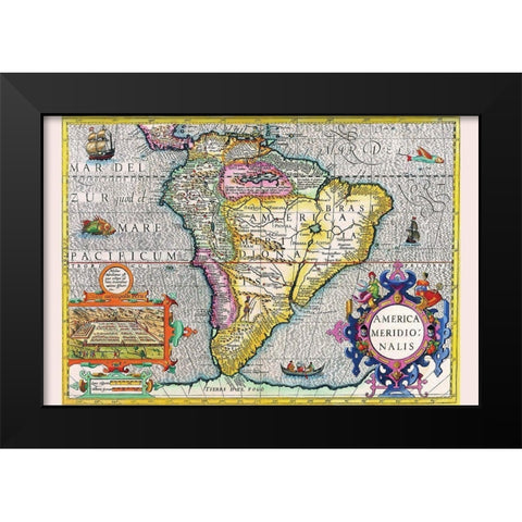 South America Black Modern Wood Framed Art Print by Hondius, Jodocus