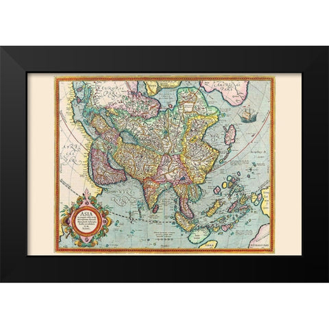 Asia Black Modern Wood Framed Art Print by Hondius, Jodocus