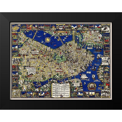A map of Boston decorative and historical Black Modern Wood Framed Art Print by Clark, Blake Everett