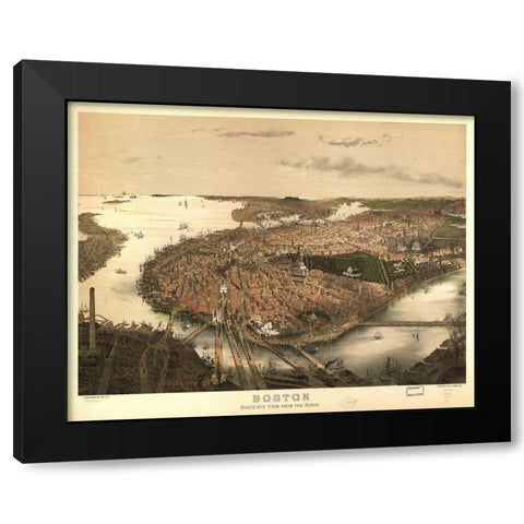 Birds Eye View of Boston 1877 Black Modern Wood Framed Art Print with Double Matting by Prang & Company