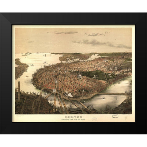 Birds Eye View of Boston 1877 Black Modern Wood Framed Art Print by Prang & Company