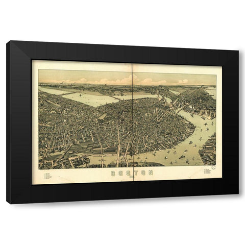 Boston in 1889 A Birds Eye View Black Modern Wood Framed Art Print by George Walker and Co