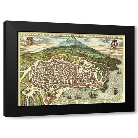 Catania Sicily Black Modern Wood Framed Art Print by Hogenberg, Braun