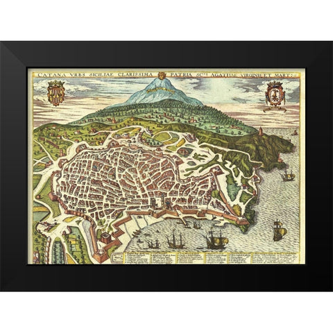 Catania Sicily Black Modern Wood Framed Art Print by Hogenberg, Braun