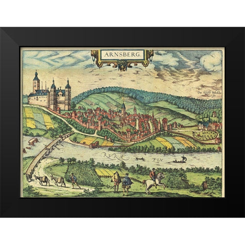 Arnsberg Germany Black Modern Wood Framed Art Print by Hogenberg, Braun
