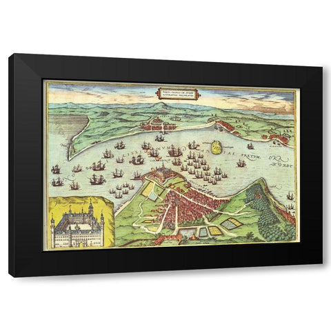 Elsinore Denmark Black Modern Wood Framed Art Print with Double Matting by Hogenberg, Braun