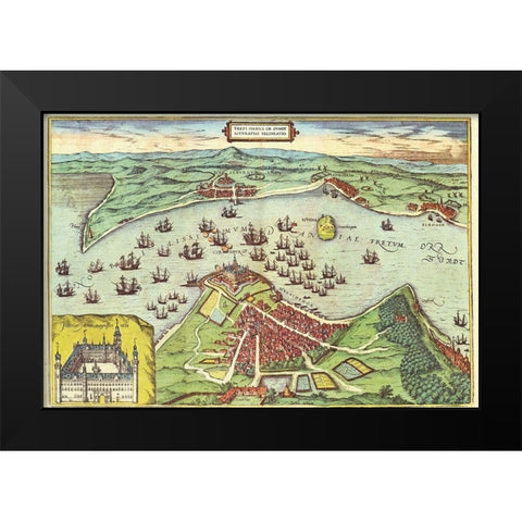 Elsinore Denmark Black Modern Wood Framed Art Print by Hogenberg, Braun