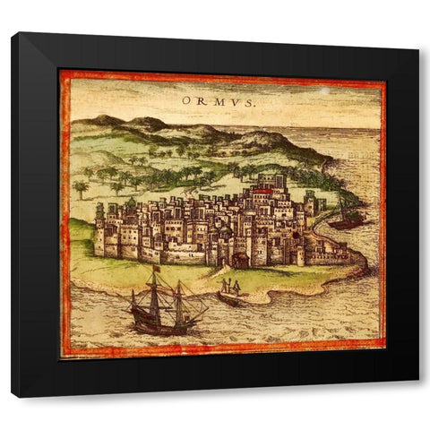 Hormuz Persia Iran Black Modern Wood Framed Art Print with Double Matting by Hogenberg, Braun