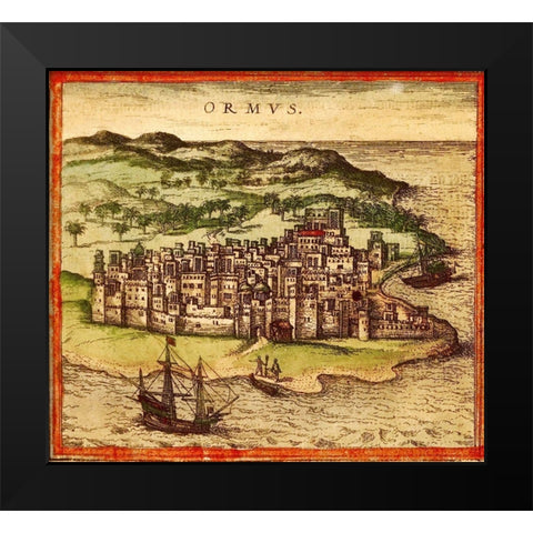 Hormuz Persia Iran Black Modern Wood Framed Art Print by Hogenberg, Braun