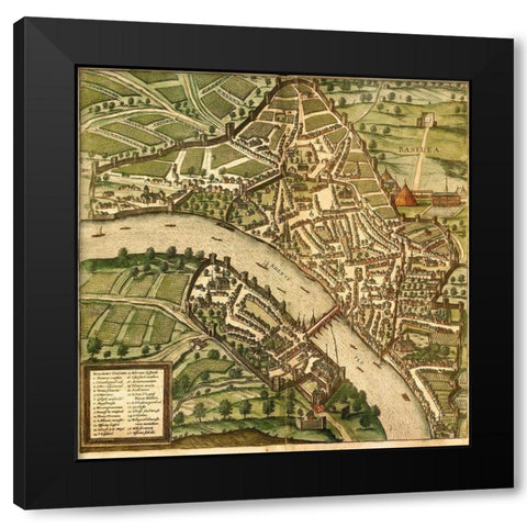 Basel Basle Switzerland Black Modern Wood Framed Art Print with Double Matting by Hogenberg, Braun
