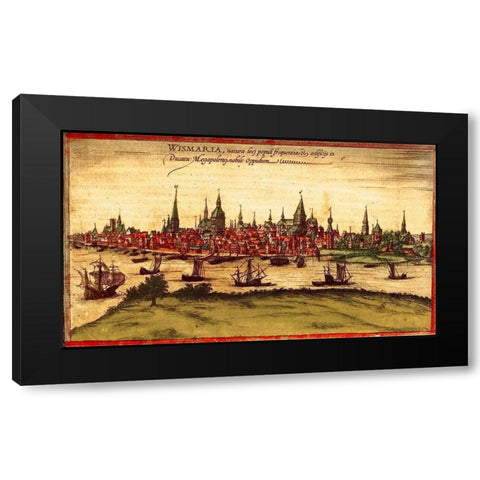 Rostock Germany Black Modern Wood Framed Art Print with Double Matting by Hogenberg, Braun