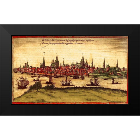 Rostock Germany Black Modern Wood Framed Art Print by Hogenberg, Braun