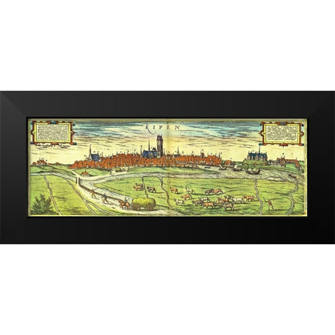 Ribe Denmark Black Modern Wood Framed Art Print by Hogenberg, Braun
