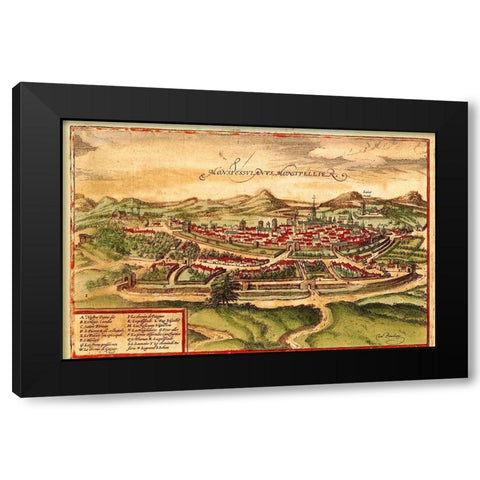 Montpellier France Black Modern Wood Framed Art Print with Double Matting by Hogenberg, Braun