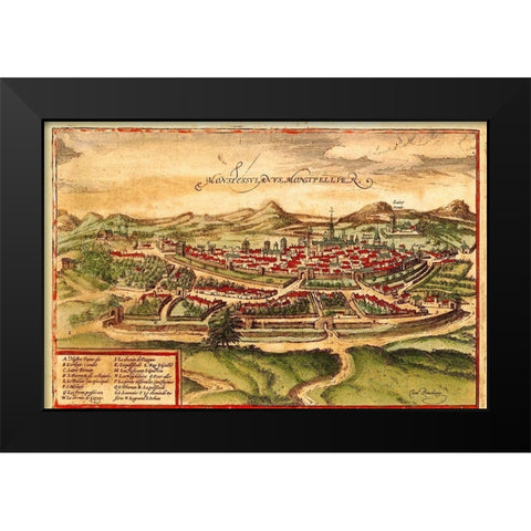 Montpellier France Black Modern Wood Framed Art Print by Hogenberg, Braun