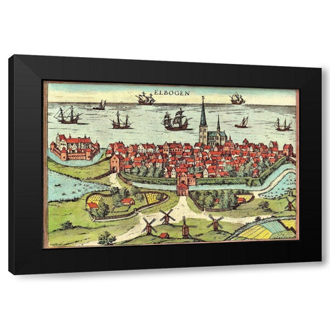 Malmo Sweden Black Modern Wood Framed Art Print with Double Matting by Hogenberg, Braun