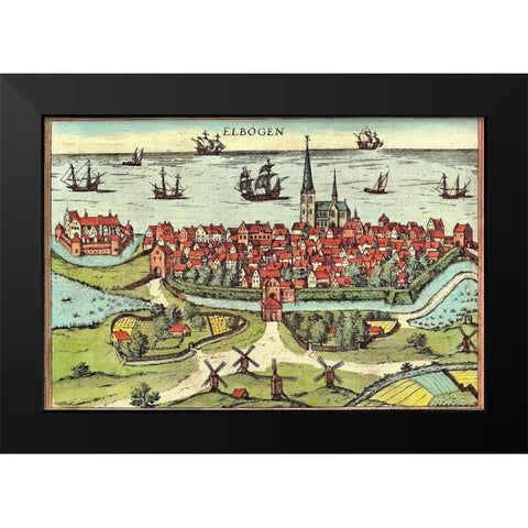 Malmo Sweden Black Modern Wood Framed Art Print by Hogenberg, Braun