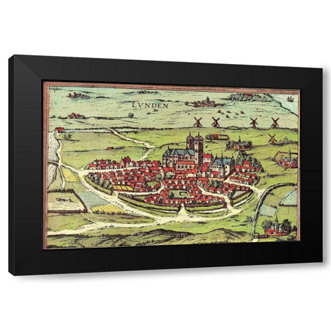 Lund Sweden Black Modern Wood Framed Art Print with Double Matting by Hogenberg, Braun