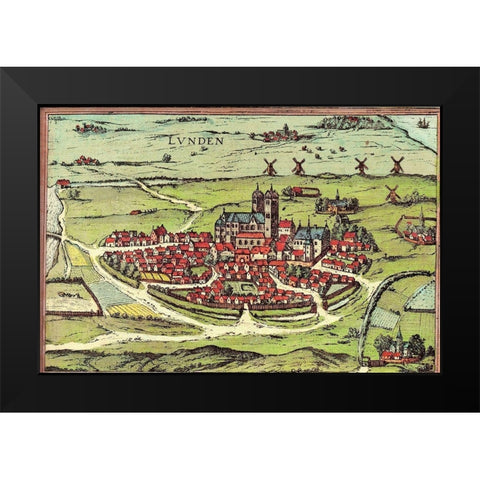 Lund Sweden Black Modern Wood Framed Art Print by Hogenberg, Braun
