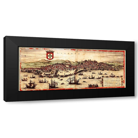Lisbon Portugal Black Modern Wood Framed Art Print with Double Matting by Hogenberg, Braun