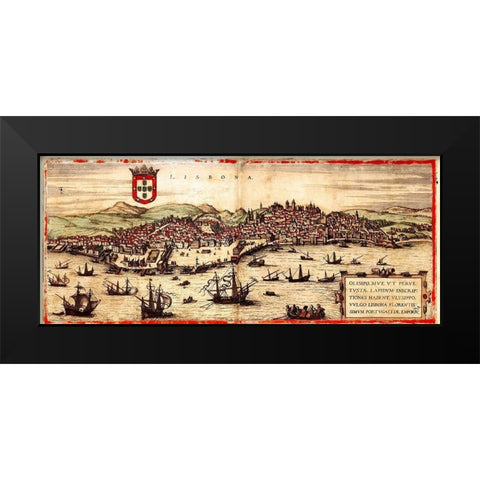 Lisbon Portugal Black Modern Wood Framed Art Print by Hogenberg, Braun