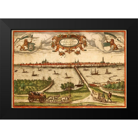 Kampan Germany Black Modern Wood Framed Art Print by Hogenberg, Braun