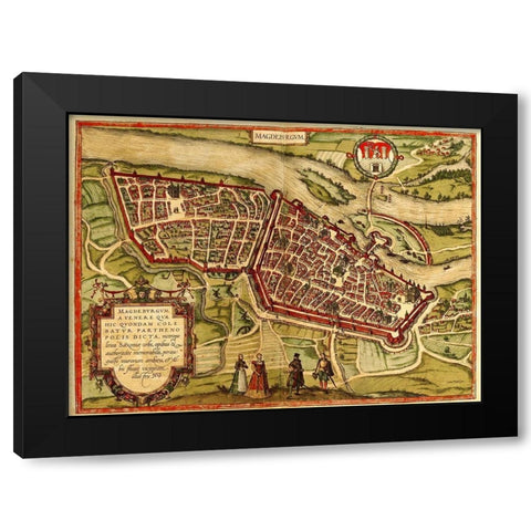 Magdeburg Germany Black Modern Wood Framed Art Print with Double Matting by Hogenberg, Braun