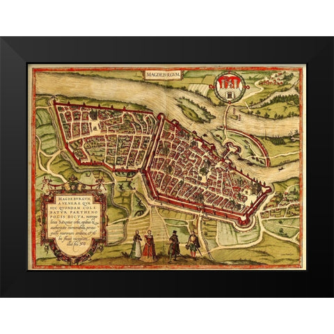 Magdeburg Germany Black Modern Wood Framed Art Print by Hogenberg, Braun