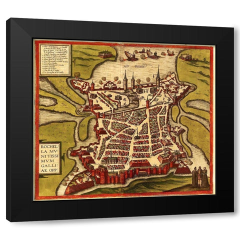 La Rochelle France Black Modern Wood Framed Art Print with Double Matting by Hogenberg, Braun