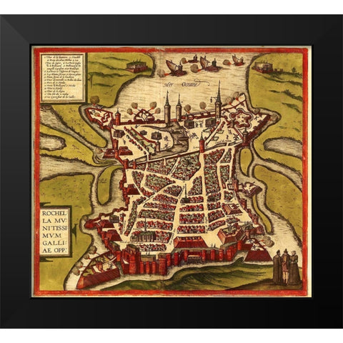 La Rochelle France Black Modern Wood Framed Art Print by Hogenberg, Braun